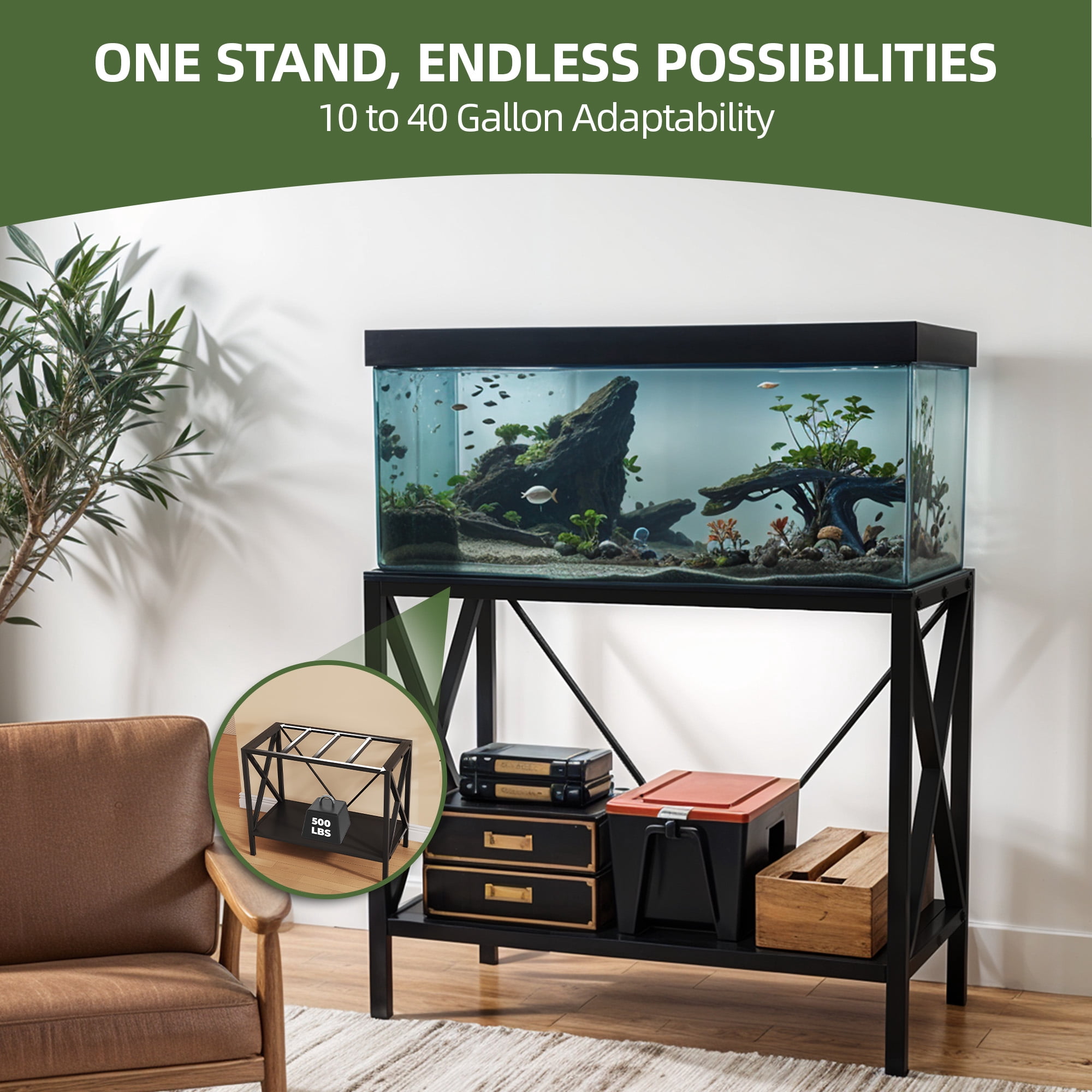 Uforic X-Shape 10-40 Gallon Double-Layer Storage Metal Fish Tank Stand, 500 Lbs Capacity, Black