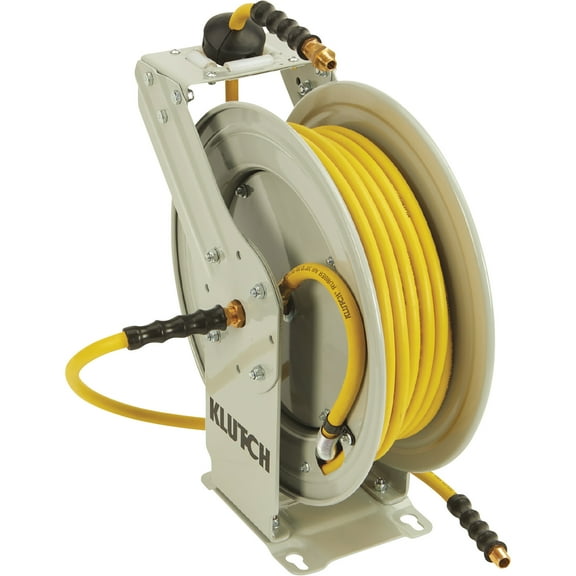 Klutch Auto-Rewind Air Hose Reel with 1/2in. x 100ft. Oil-Resistant Rubber Hose, 300 PSI
