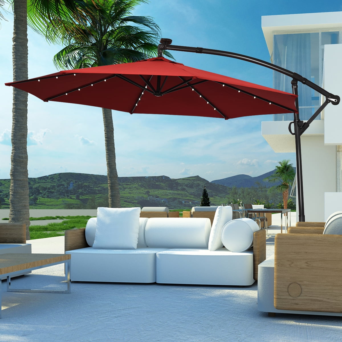 10ft Solar LED Cantilever Garden Patio Umbrella 360° Rotation Coffee Burgundy 