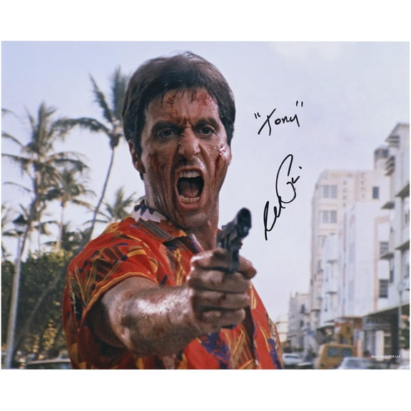 Al Pacino Autographed Scarface 16" x 20" Hawaiian Shirt Holding Gun Photograph with "Tony" Inscription