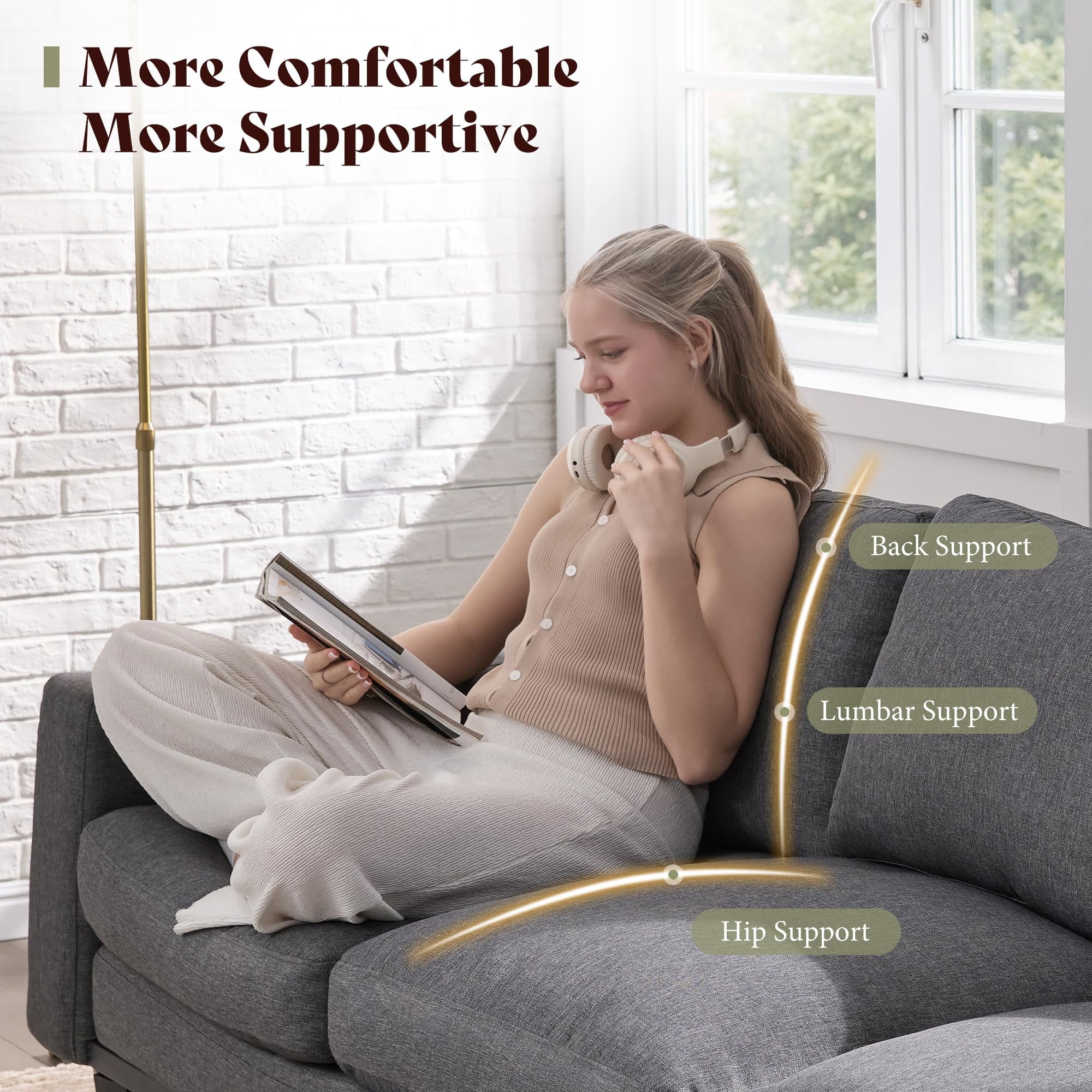VanAcc 74.8" 3 Seater Sofa with 22" Deep Seat, Grey Couch for Living Room, Full Metal Support, for Bedroom & Apartment, Grey Chenille