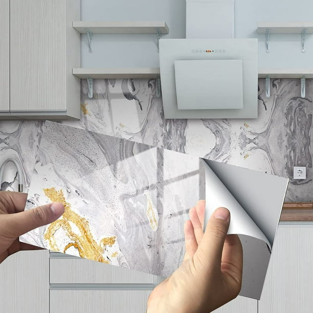 Adhesivo para azulejos de mármol (patrón de mármol blanco, 30 x 15 cm (12 x 6 pulgadas) - 16 piezas), telón de fondo de cocina para baño, impermeable y a prueba de aceite, autoadhesivo, nuevo adhesivo de pared de PVC para decoración del hogar brillar Electrónica