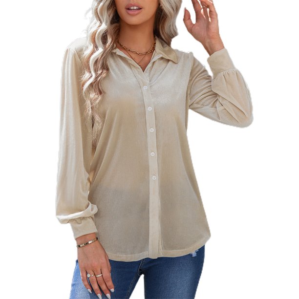 VISgogo, camisas de terciopelo salvaje a la moda para mujer, blusas de manga larga con cuello vuelto de Color sólido, blusas informales con botones para primavera y otoño VISgogo moda
