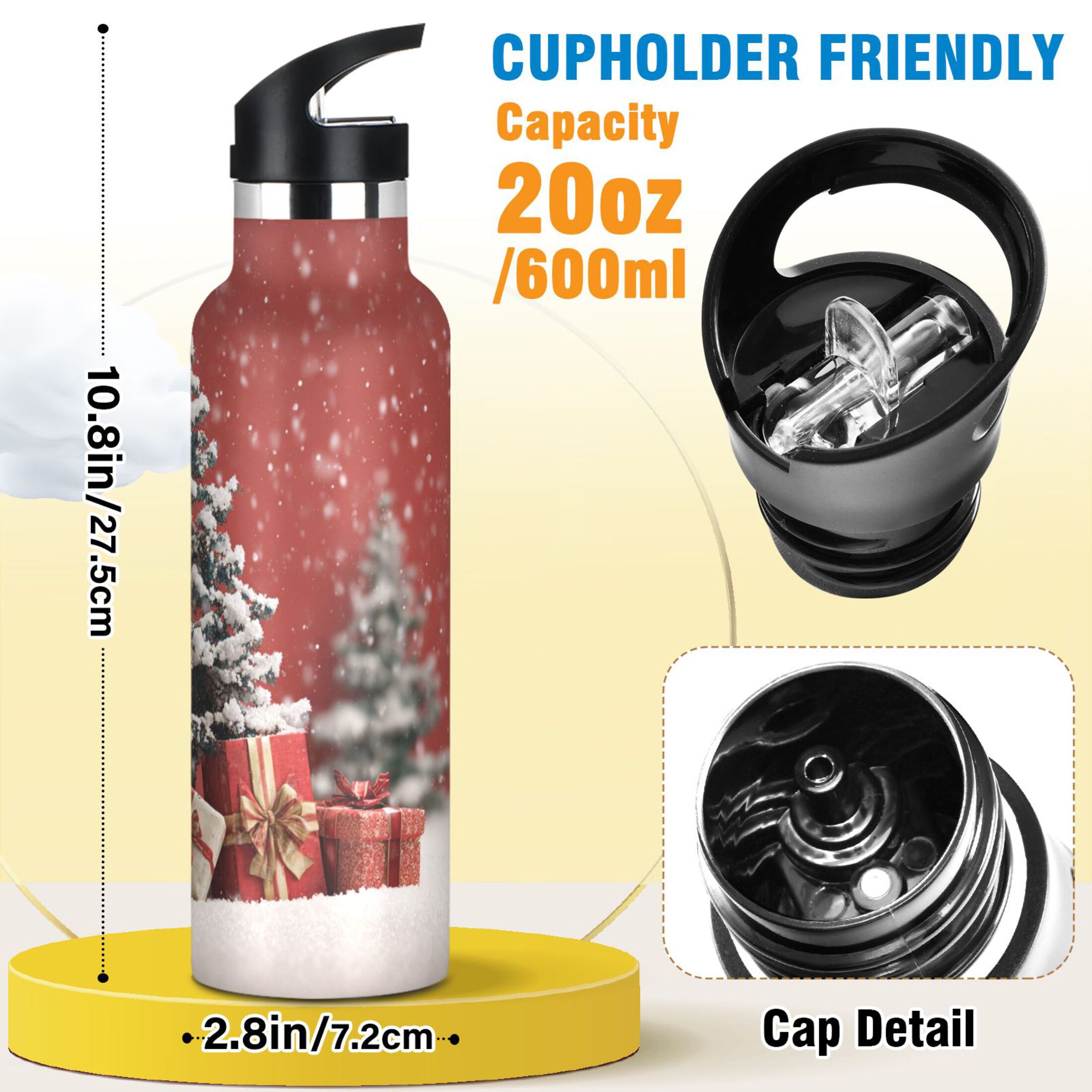 600ML Stainless Steel Insulated Cup Sports Water Bottle Portable Thermos Cup Water Glasses Insulated Tumblers Convenient and Durable 3d Christmas Tree