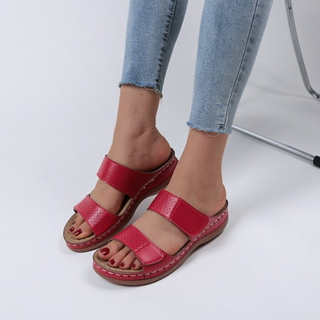 

Ladies Fashion Solid Color Leather Hollow Breathable Fish Mouth Wedge Sandals