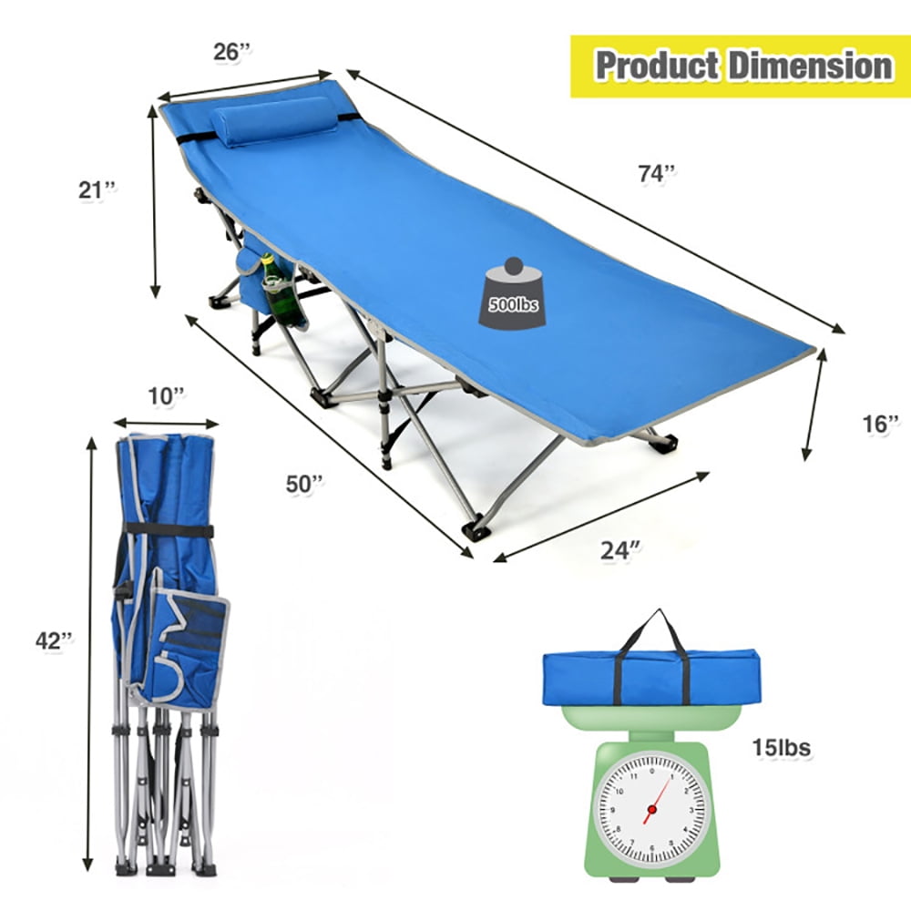 Aimee Lii Folding Camping Cot with Side Storage Pocket Detachable Headrest, Folding Sleeping Cot for Camping, Blue