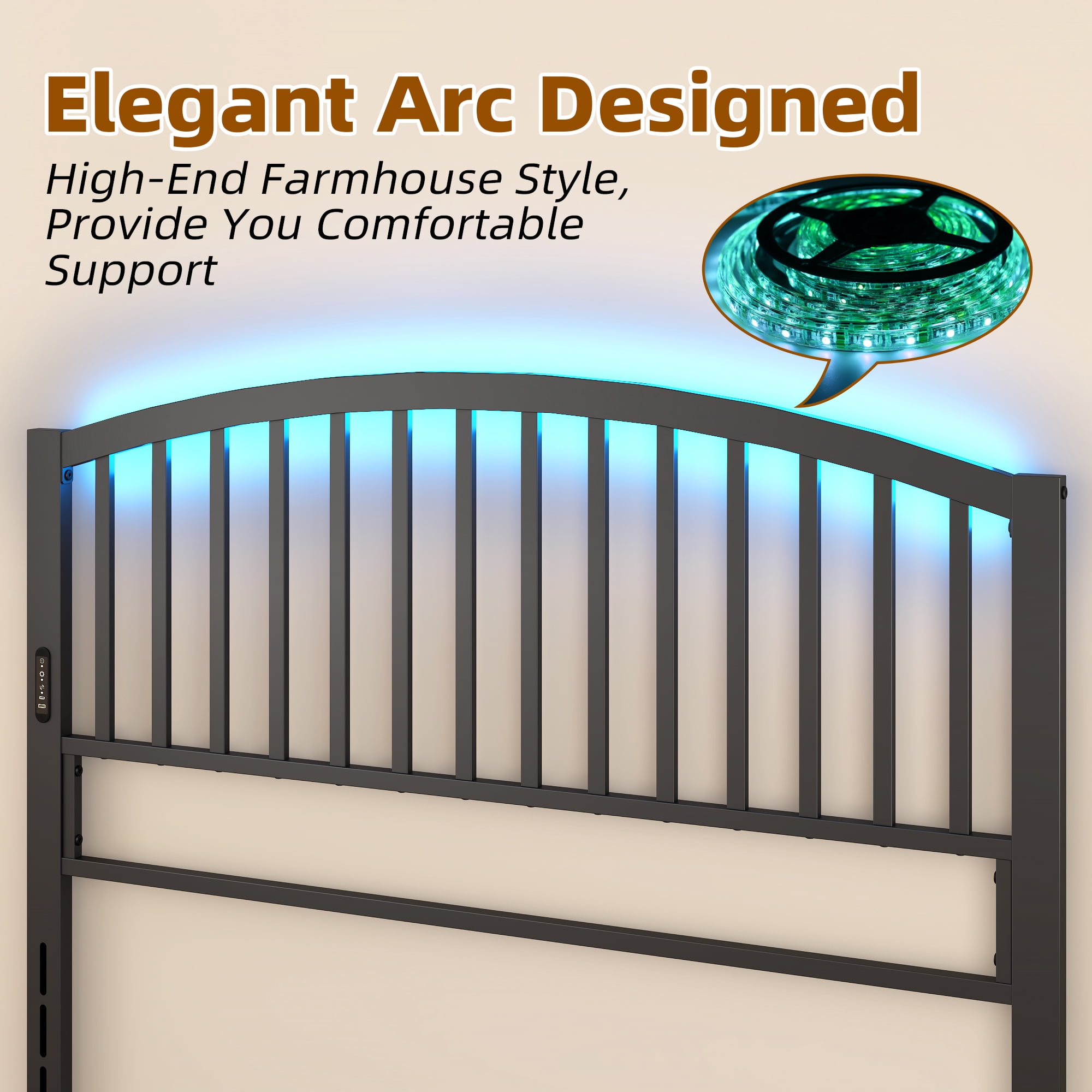 Yoneston 46.76” High Arc Metal Queen Size Headboard with LED Light & Charging, Height Adjustable Metal Platform Bed Headboard – Black