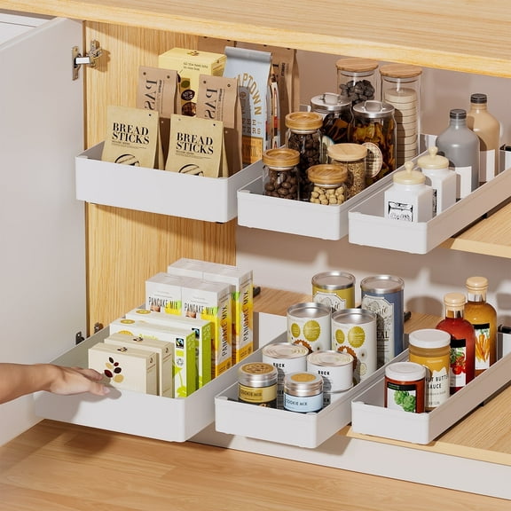 3 Pack Pull Out Cabinet Organizer, DELAMU Slide out Cabinet Drawer Fixed with Adhesive Film Pantry Storage Sliding Out Organizers for Kitchen Bathroom, White