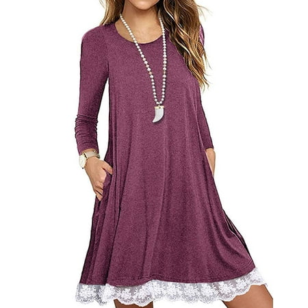 Women's Long Sleeve Cotton Lace T Shirt Dress with Pockets