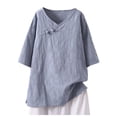thumbnail image 2 of Frostluinai Plus Size Cotton Linen Tops for Women Casual Loose Button up V Neck T Shirts Side Split 3/4 Sleeve Shirts, 2 of 3