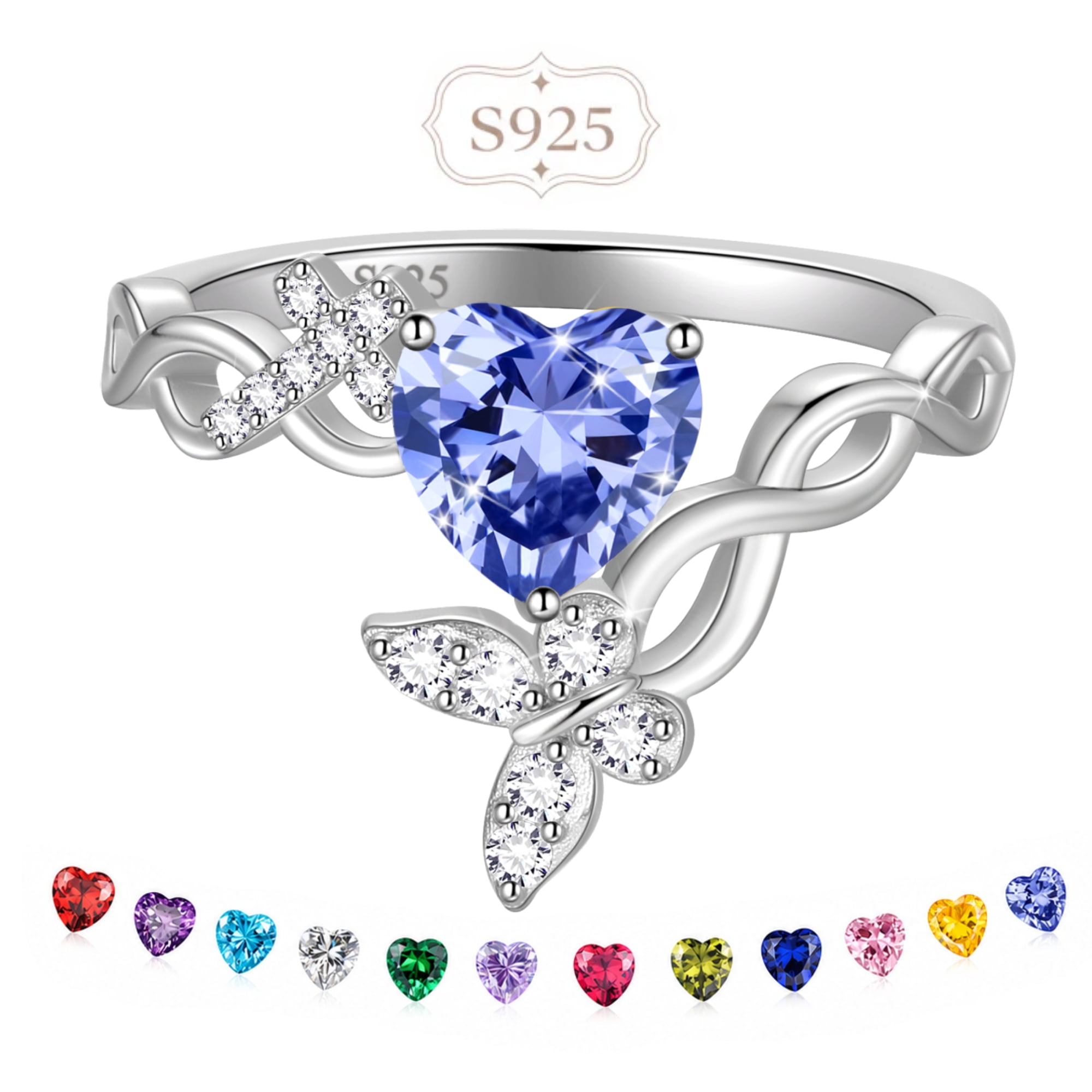 Beautlace Heart Birthstone Halo Ring,Butterfly 925 Sterling Silver Adjustable Birthstone Open Band Rings Birthday Christmas Valentines Jewelry Gifts for Women Mom-December
