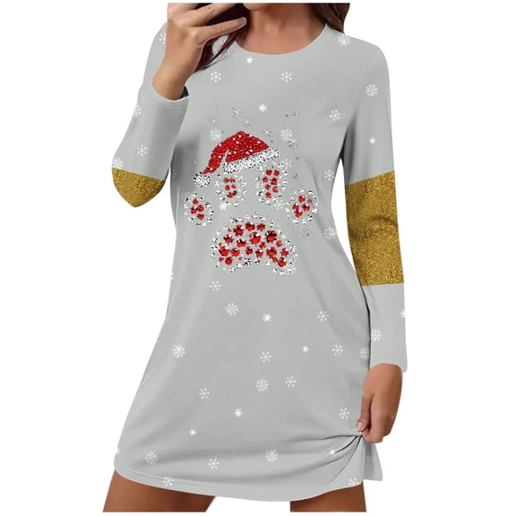 Women's Christmas Dress Long Sleeve Crewneck Printed Pullover Mini Home Pjs Skirt Gray XL