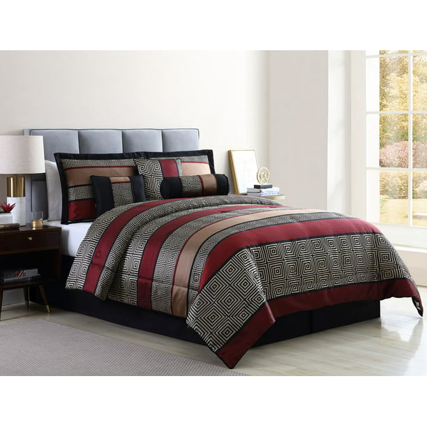 Mainstays Preston Woven Jacquard 7 Piece Comforter Set With Bonus Pillows And Shams Full Queen Red Walmart Com Walmart Com