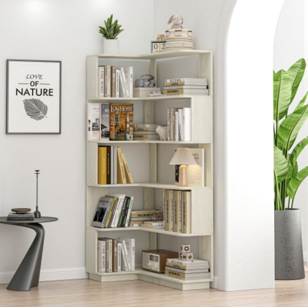 5-Tier L-Shaped Corner Bookshelf, 35.43" Freestanding Wooden Bookcase with Anti-Drop Panels & Anti-Tip Device, Open Display Storage for Living Room, Bedroom & Home Office, White