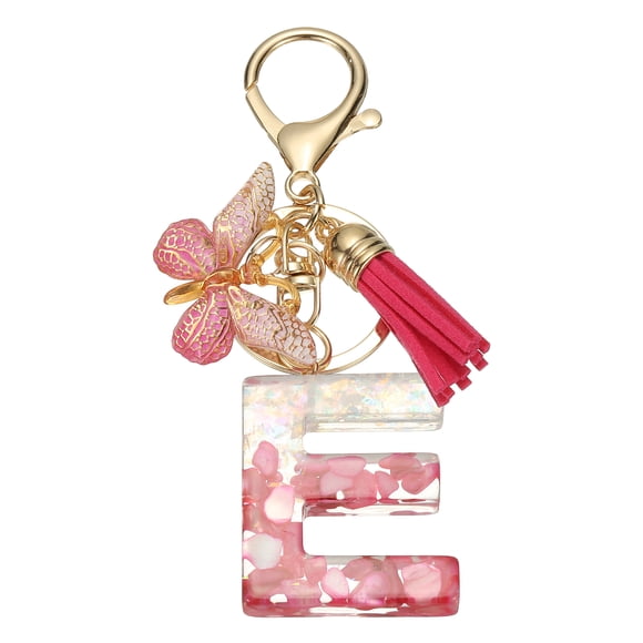 Uxcell Initial Letter Keychain, Cute Tassel Butterfly Keychain Letter Keychain Charm for Women Girls Key Purse Handbag Letter-E Rose Red