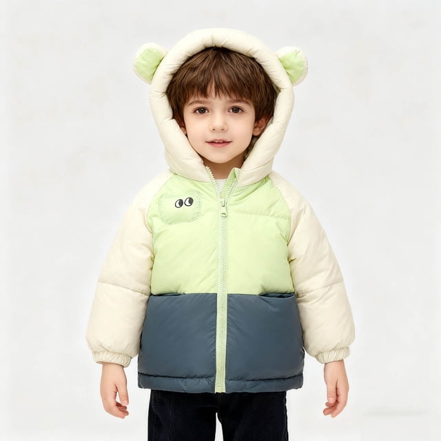 Parkas de manga larga, ropa de invierno para niños y niñas, chaqueta de plumón de terciopelo grueso para niños, chaqueta corta con capucha y bloques de color, tops de algodón para niños