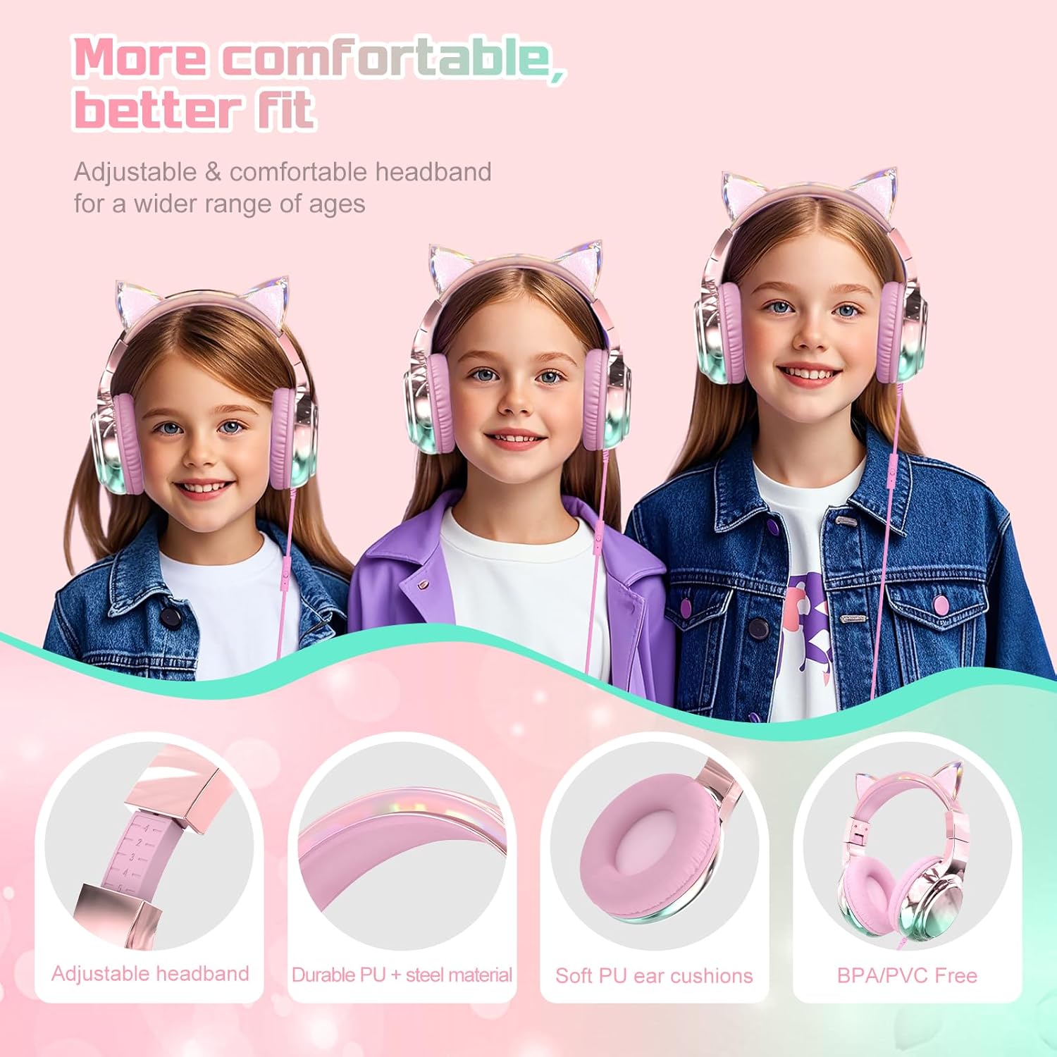 QearFun Kids Cat Ear Wired Headphones with Mic, 85/94dB Volume Limiter photo 6