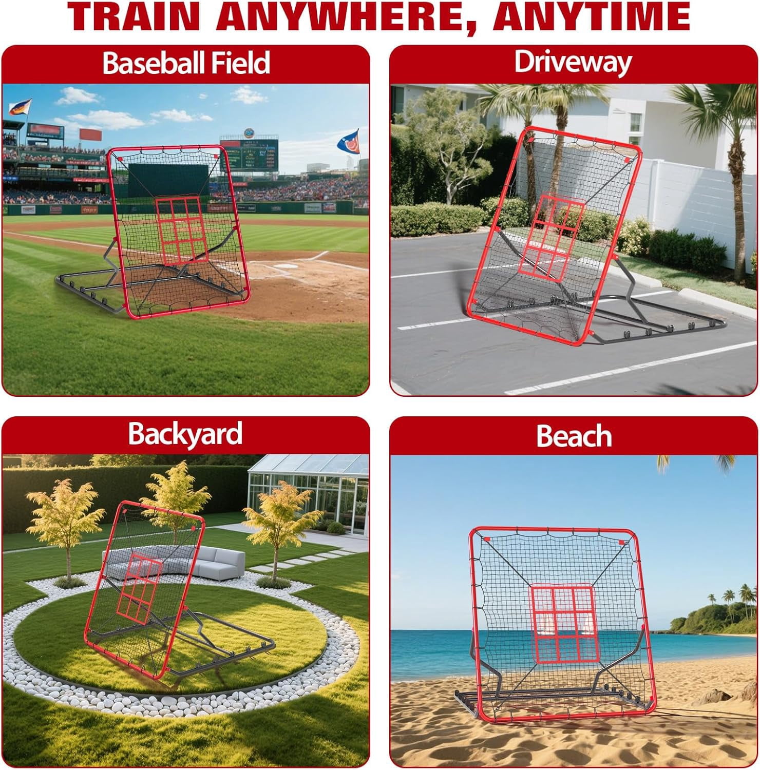 Riedhoff Baseball Rebounder Net 4 x 4.5 ft, Heavy Duty Bounce Back Net, 5 Adjustable Angles, Red