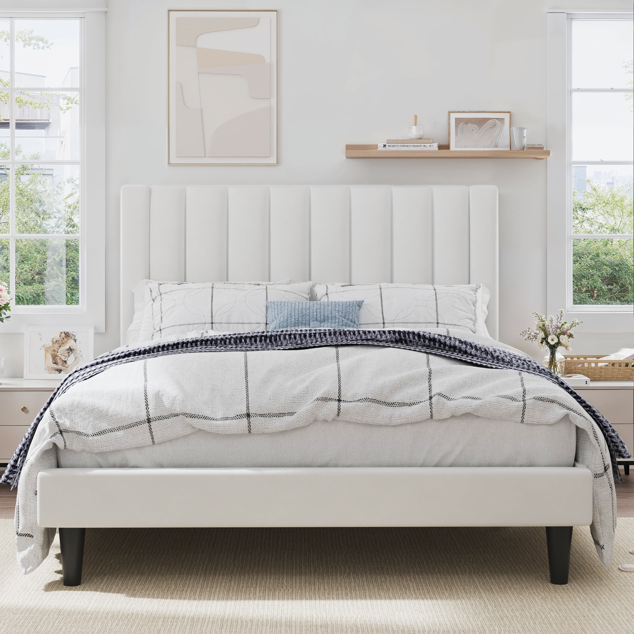 SHA CERLIN White Queen Size Platform Bed Frame with Velvet Channel Headboard, Adult