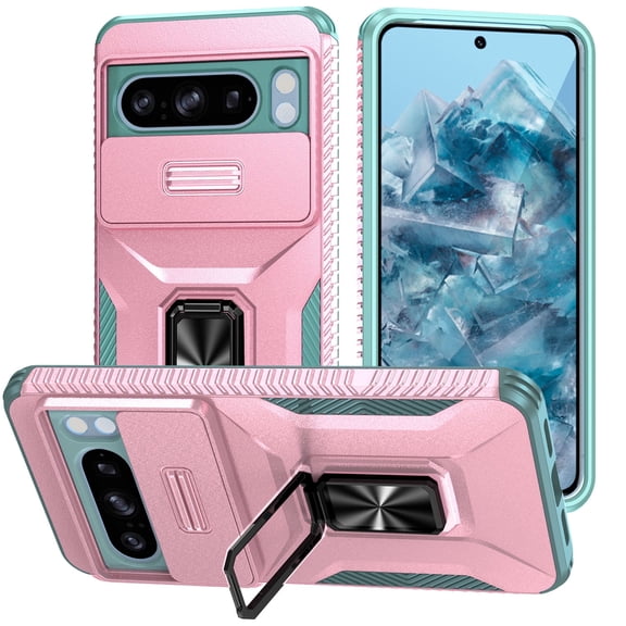 Heavy Duty Case for Google Pixel 10a, Military Grade Dual Layer Hybrid Rubber Bumper with Sliding Camera Cover, Built-in 360 Degree Swivel Stand Car Magnetic for Google Pixel 10a - Rosegold