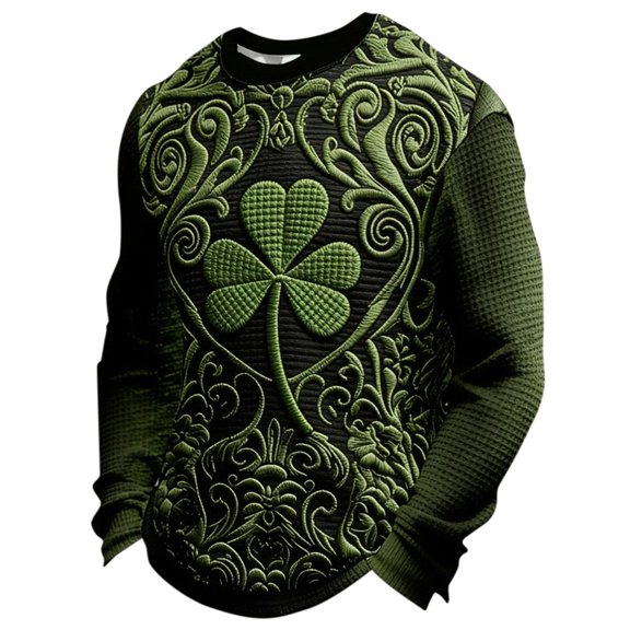 Telankuip Men's St. Patrick's Day Art Print Casual Crew Neck T-Shirts Irish Celtic Cross Graphic Long Sleeve Tops Soft Comfortable Fashion Holiday Waffle Pullovers Workout Outfits 4-Green XL