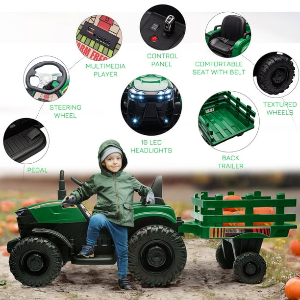 Tracteur Electrique avec Remorque pour Enfants 3 Vitesses Lumières