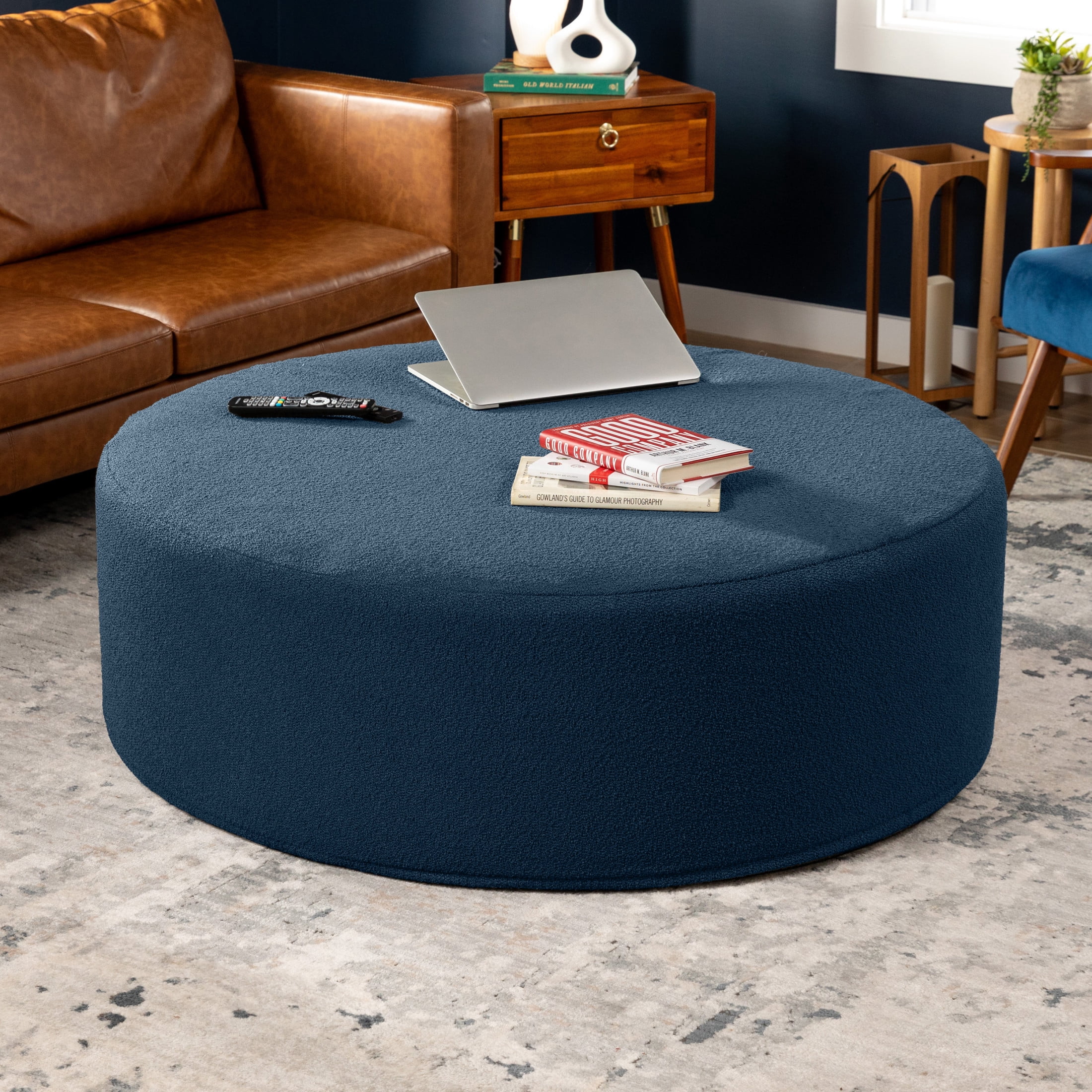 Jaxx Candler Round Coffee Table Ottoman, Oversized, 44-Inch, Boucle Dark Navy