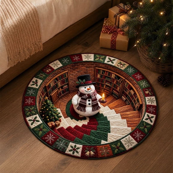 Round 3D Optical Illusion Snowman Christmas Area Rug, Non‑Slip Winter Holiday Floor Mat for Indoor Home Decor