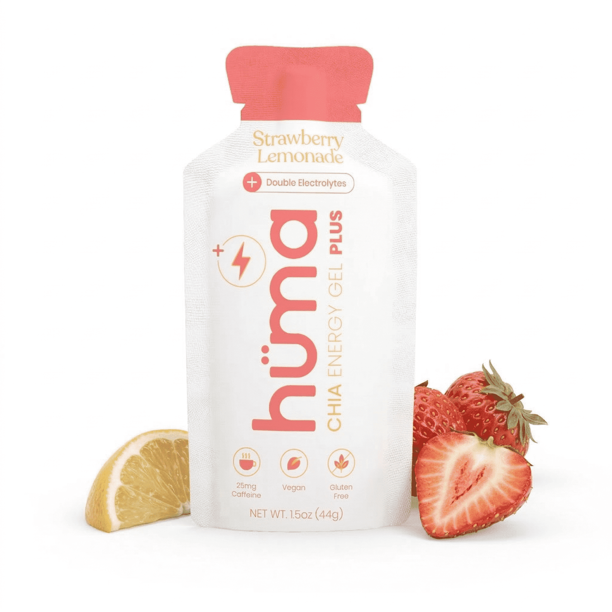 Huma Plus - Chia Energy Gel, Strawberry Lemonade, 24 Gels, 25mg Caffeine - Double Electrolytes, Real Food, Stomach Friendly Energy Gels