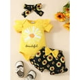thumbnail image 2 of Suealasg Baby Girl Summer Clothes Set 3M 6M 9M 12M 18M Short Sleeve Letter Print Romper Tops +Sunflower Print Shorts +Headband 3Pcs Newborn GirlOutfits, 2 of 9
