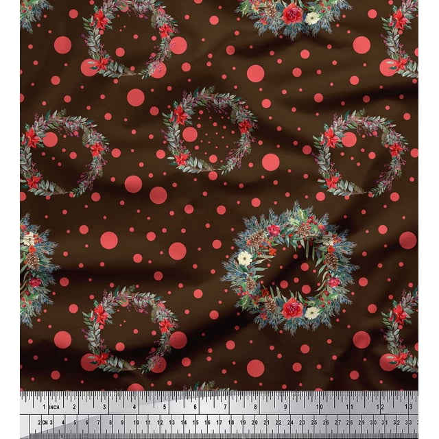 Soimoi Brown Poly Georgette Fabric Wreath & Dots Print Fabric by the Yard 52 Inch Wide