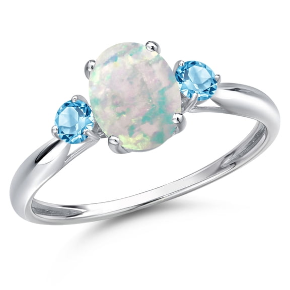 Gem Stone King 10K White Gold Simulated White Opal and Swiss Blue Topaz 3-Stone Ring for Women | 1.30 Cttw | Oval Cabochon 8X6MM | Gemstone October Birthstone | Size 8