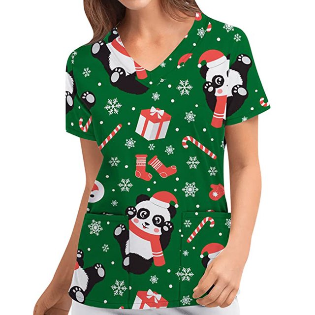 Puntoco Navidad Moda Mujer Cuello en V Casual Manga corta Impreso Bolsillos Señoras tops Blusa Puntoco Puntoco-5014