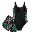 thumbnail image 3 of FINALGANG Girls Kids One Piece Romper Swimsuit With Floral Print Racerback Design High Waisted Boy Short Bottoms Sun Protection Bathing Suit For Summer Beach Vacation 9-10 Years Black, 3 of 8