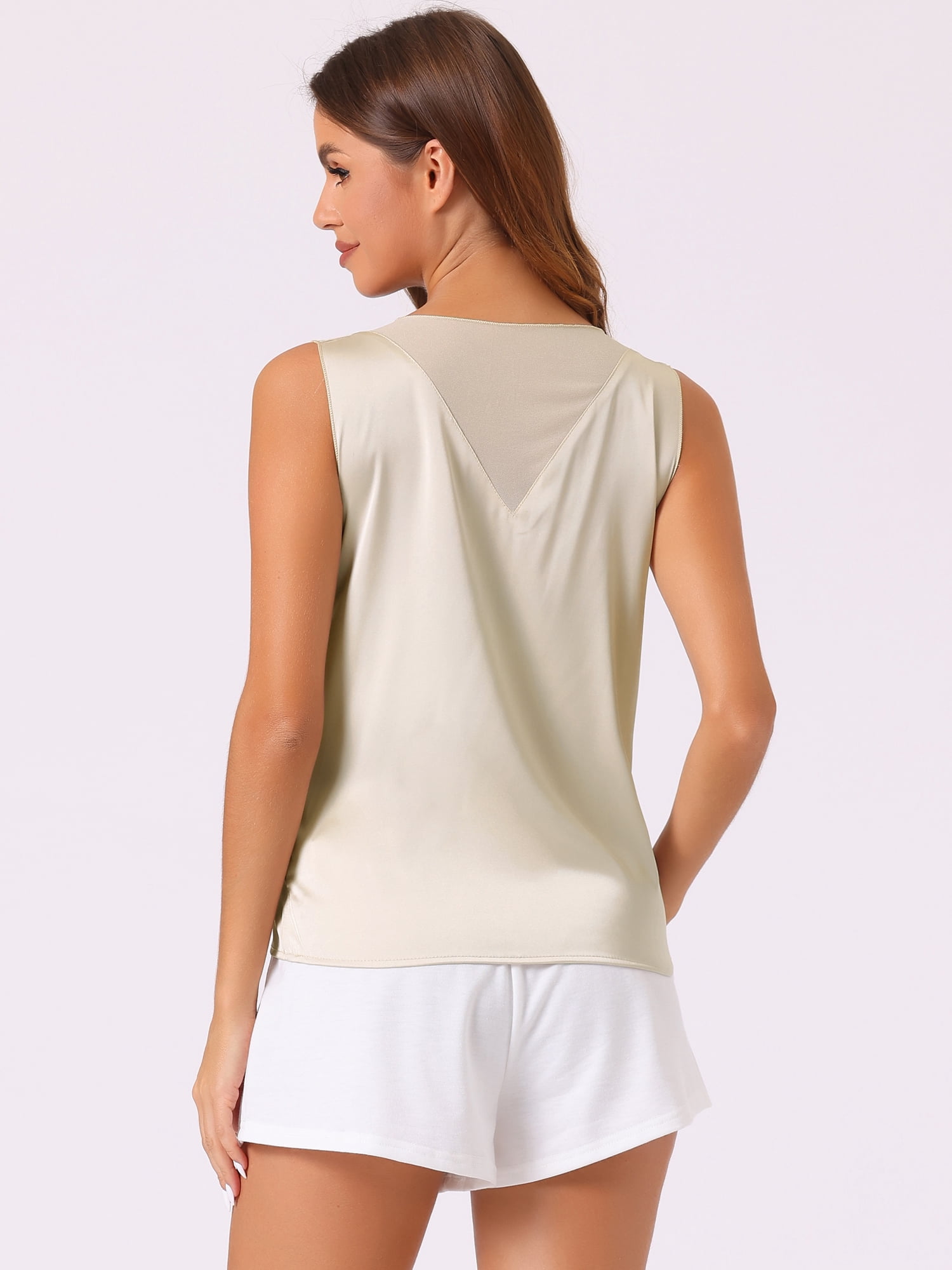 DARING DIVA Women's Silky Satin Mesh V Neck Sleeveless Blouses Tank Shirt XS Champagne