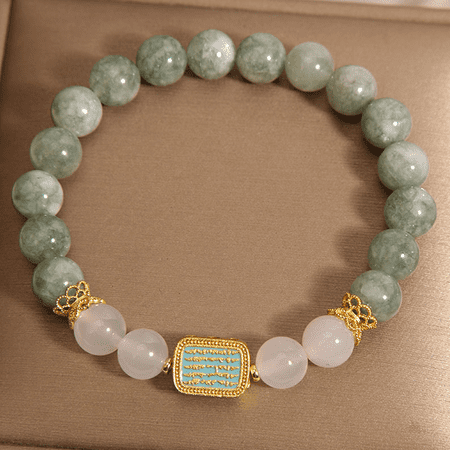 Richgv Natural Green Jade Bracelet for Women, Buddha Stones White Agate Bracelet with Five Scriptures for Positive Energy, Gift for Women