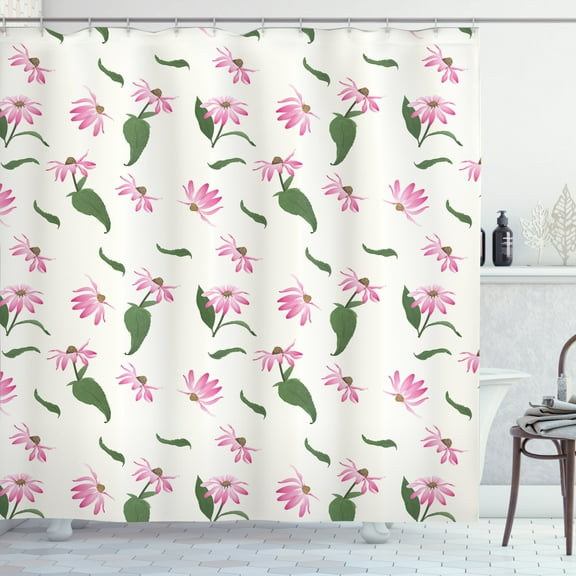 Coneflower Shower Curtain, Repeating Composition of Flower Petals and Leaves on a Plain Background, Fabric Bathroom Set with Hooks, 69W X 84L Inches Extra Long, Pink Green Cocoa, by Ambesonne