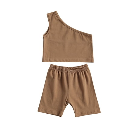 

Canrulo Toddler Baby Girl Outfit Sets One Shoulder Solid Color Tops+Shorts Summer Clothes Light Brown 6-12 Months