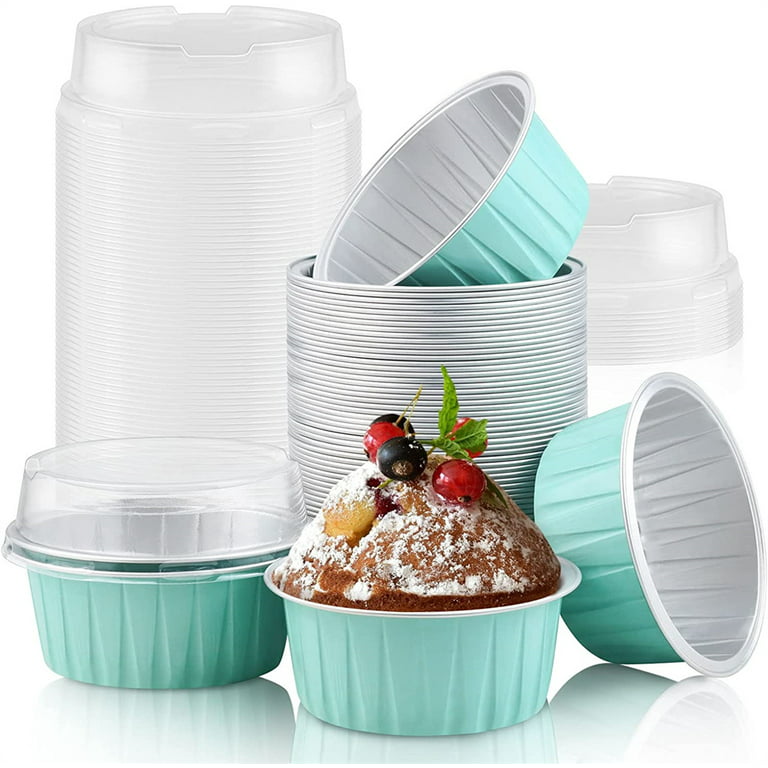 Lotfancy Aluminum Foil Cupcake Baking Cups with Lids and Spoons, 5oz/125ml, 50 Pack Disposable Creme Brulee Ramekins, Oven Safe Mini Cake Tins