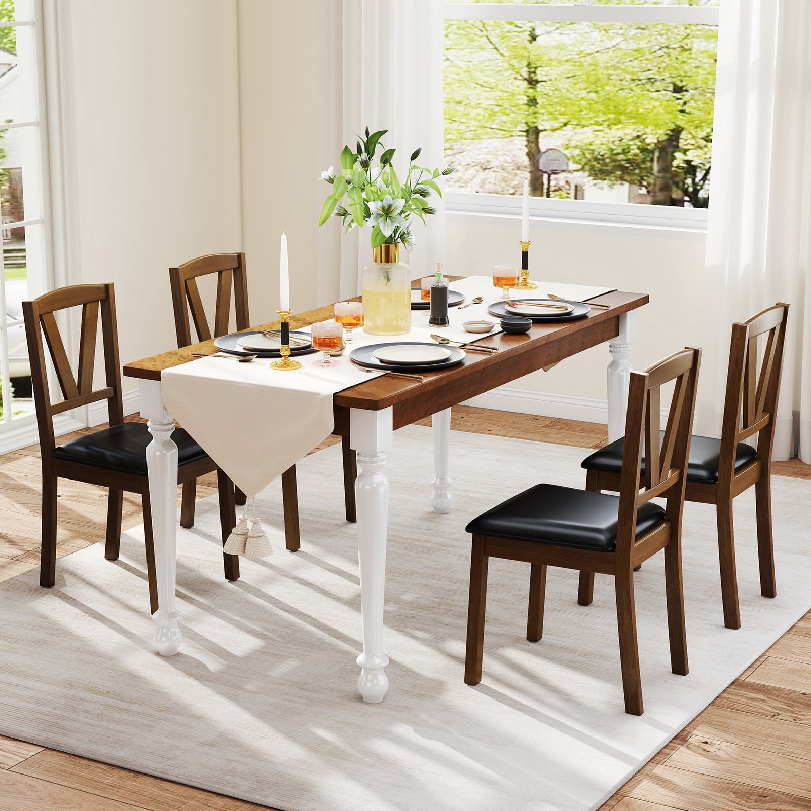 Costway Dining Chairs Set of 4 PU Leather Dining Room Chairs with Hollowed Backrests