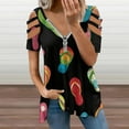 thumbnail image 2 of Colorful Flip Flops Womens Summer V Neck Zipper Top Short Sleeve T Shirt Off Shoulder Top Casual Classy Loose Shirts, 2 of 7