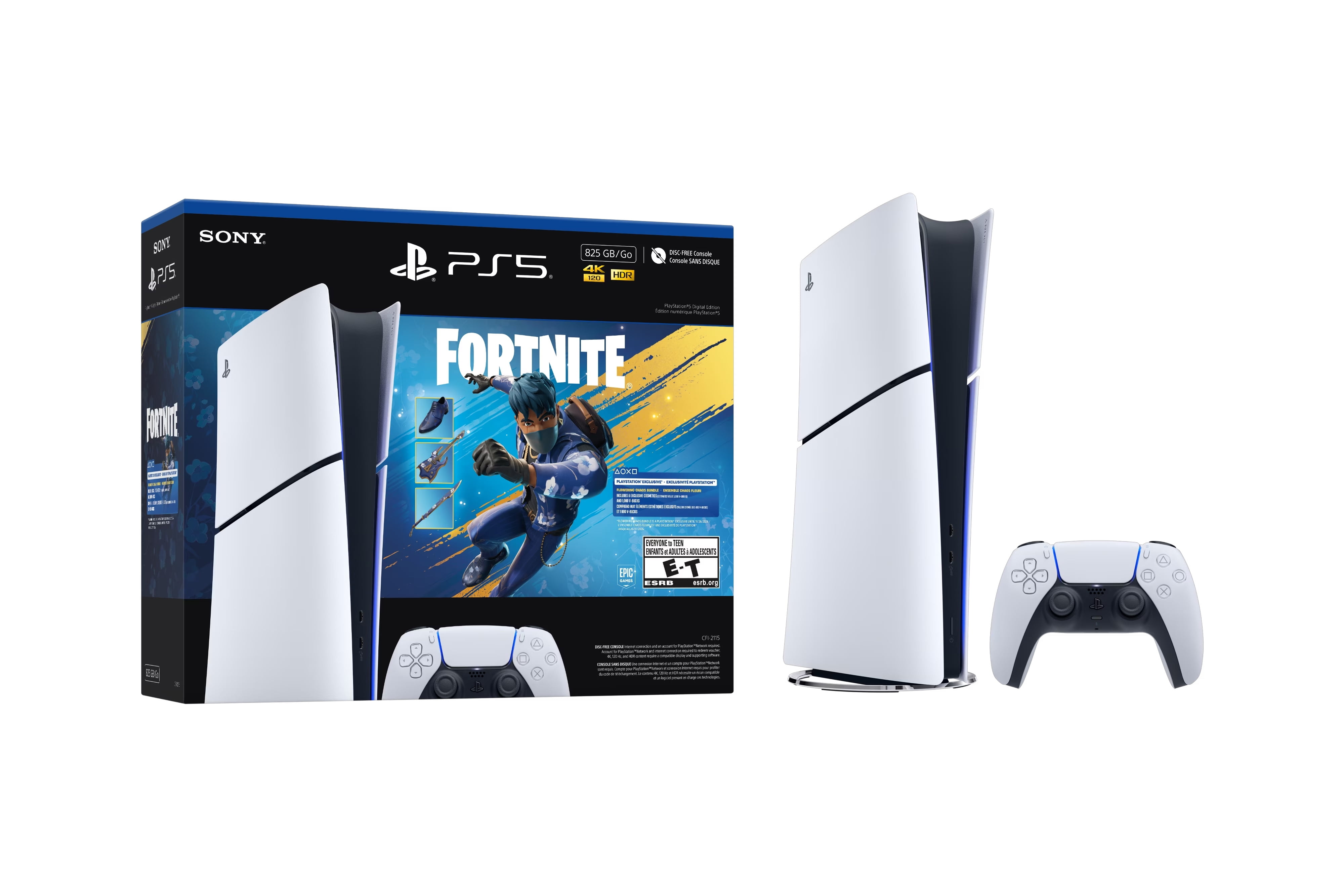 PlayStation 5 Slim Digital 1.8TB SSD Fortnite Flowering Chaos Console with Two Controllers, White and Starlight Blue DualSense and Hard Shell Protective Controller Case - PS5 Slim Digital Console