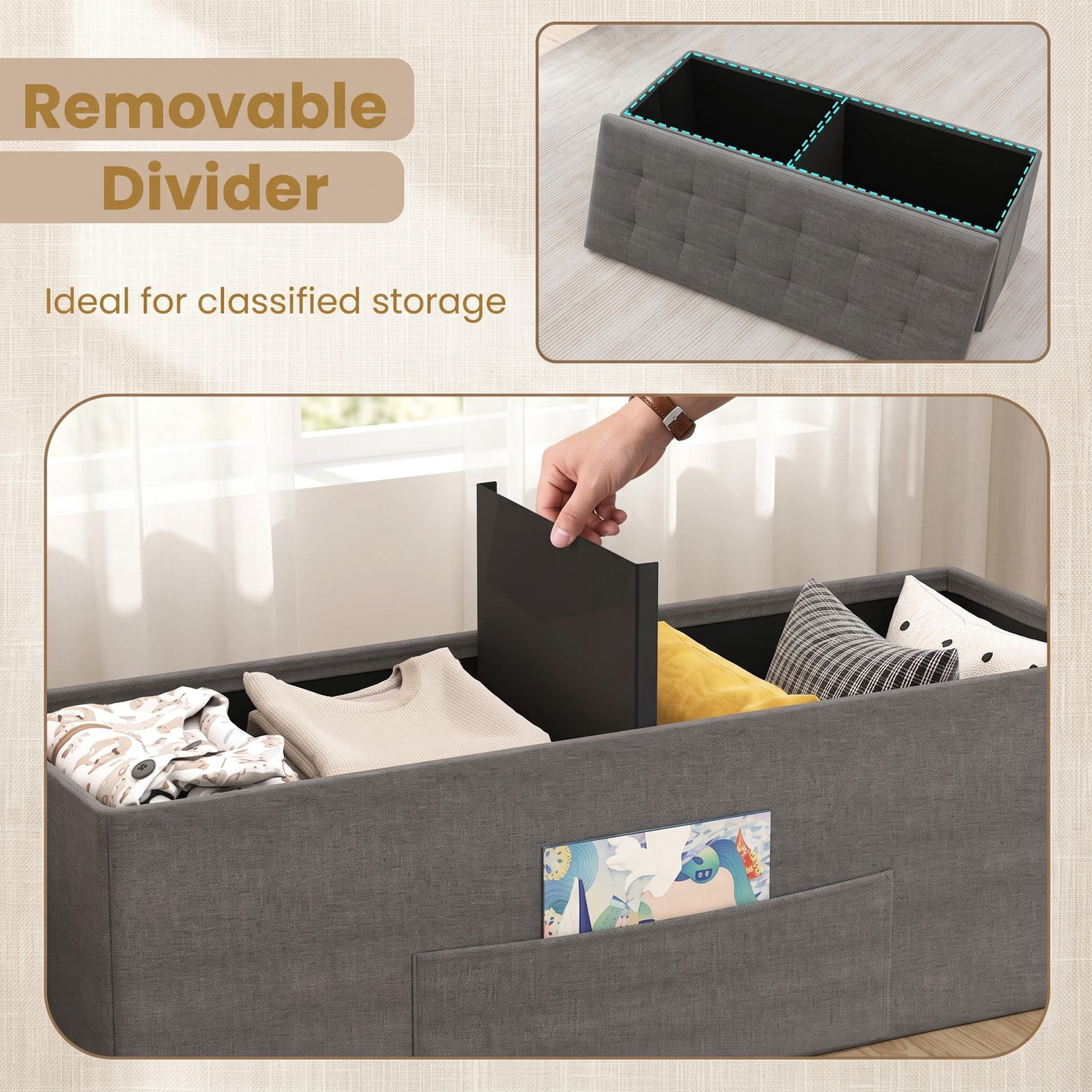 Furnibear 43 Inch Folding Linen Storage Ottoman Bench with Padded Seat and Divider for Living Room, Bedroom and Entryway, Dark Gray