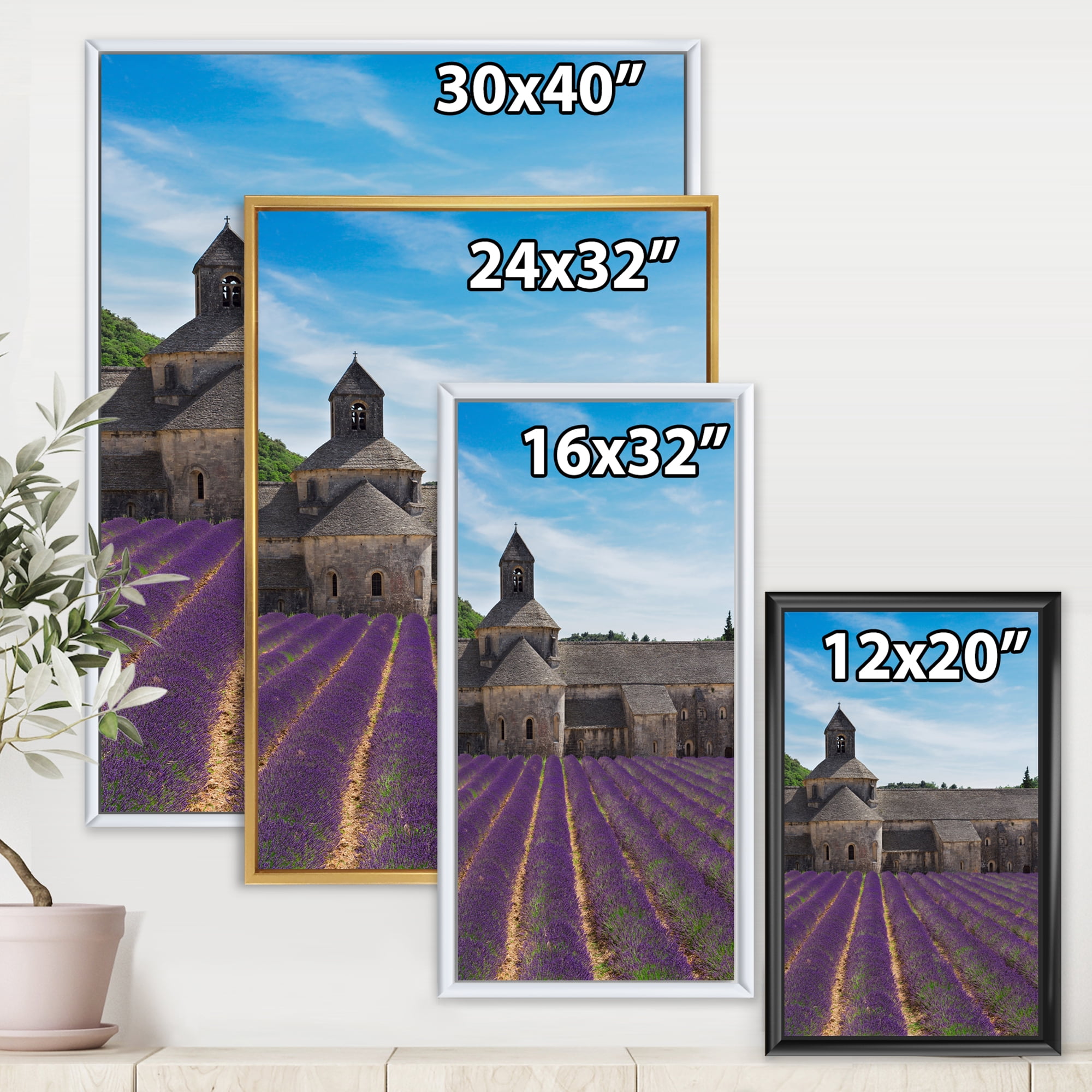 Designart 'Abbey With Lavender Field In France' Farmhouse Framed Canvas Wall Art Print