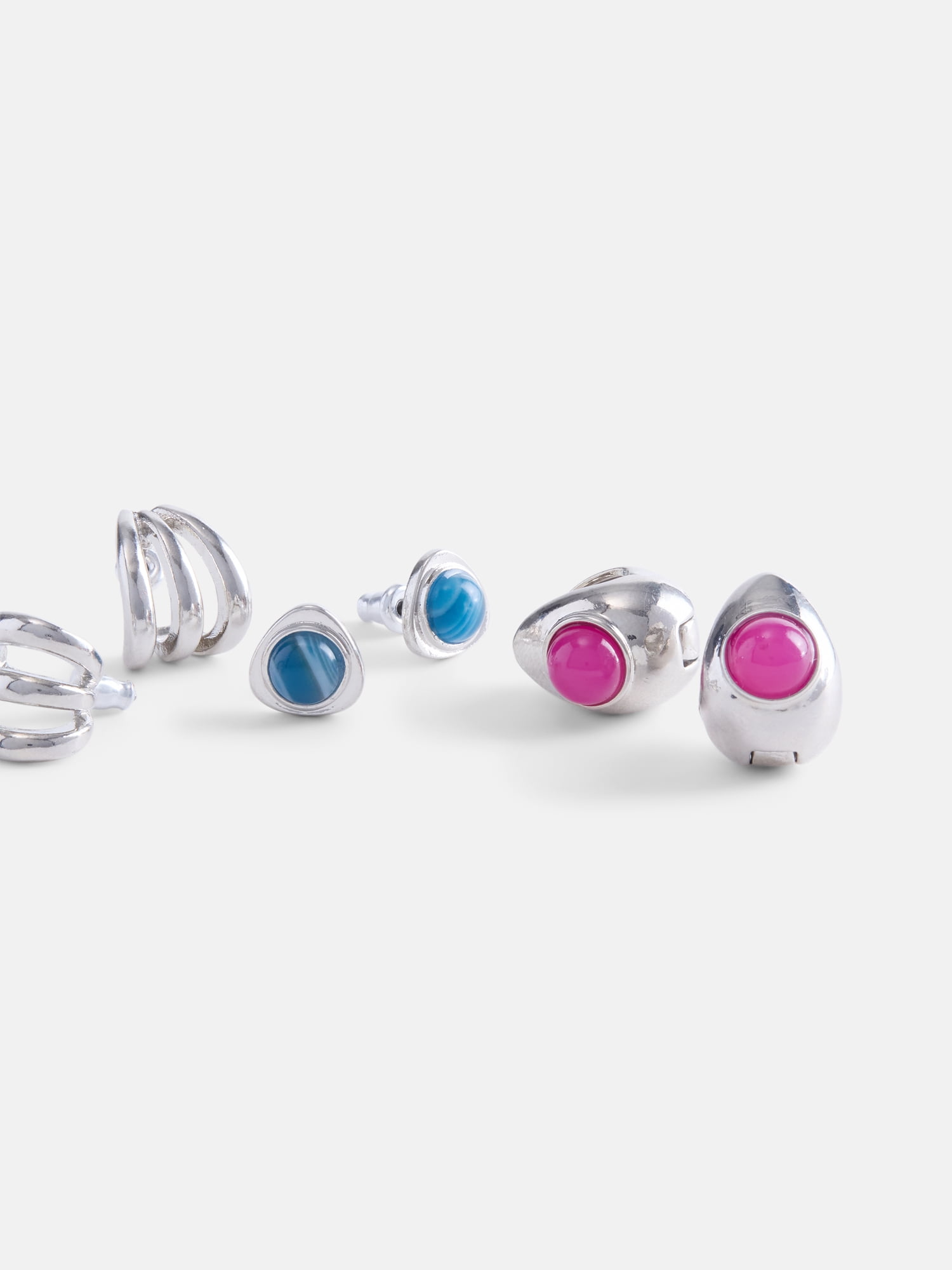 Scenario Women's Silver Tone Earrings with Resin Stones, 3-Piece Set