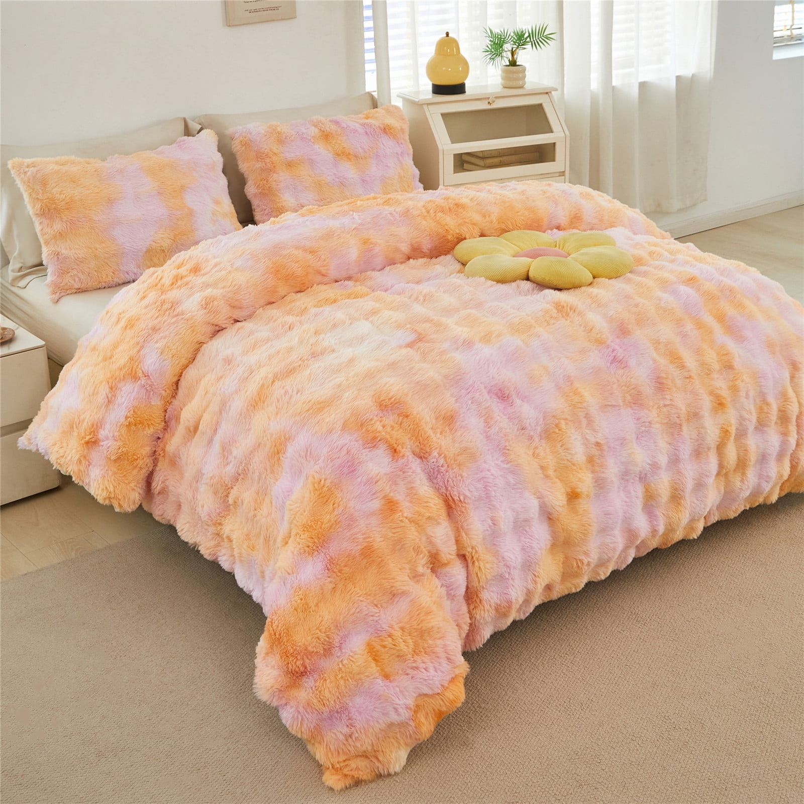 RYNGHIPY Faux Fur Comforter Set Twin for Girls 3Pcs Pink Orange Bubble Bedding Set Tie-Dye Fuzzy Plush Bed Comforter Set for Winter