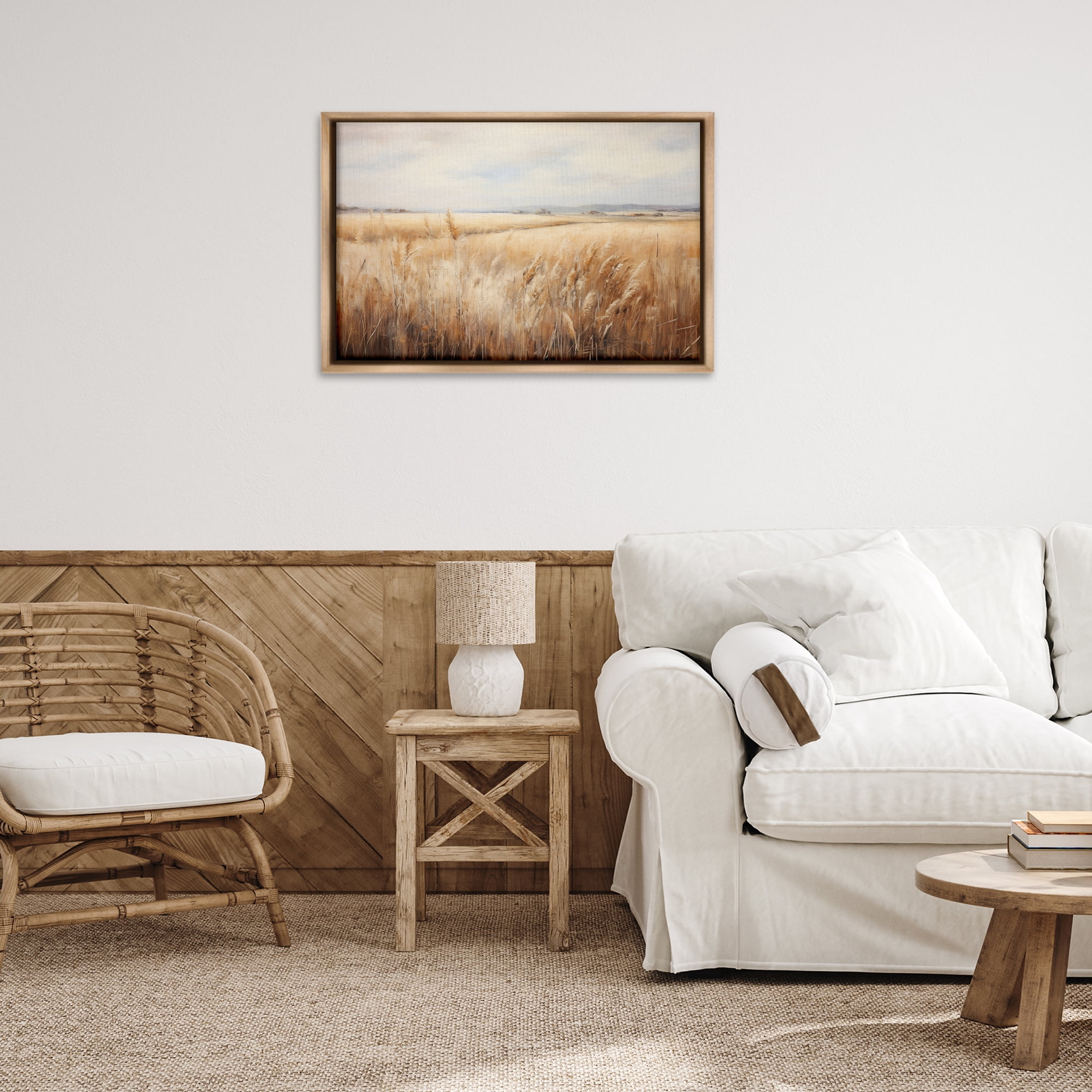 Stupell Industries Vast Wheat Field Landscape & Nature Painting Brown Floater Framed Canvas Art Print Wall Art, 31 x 21