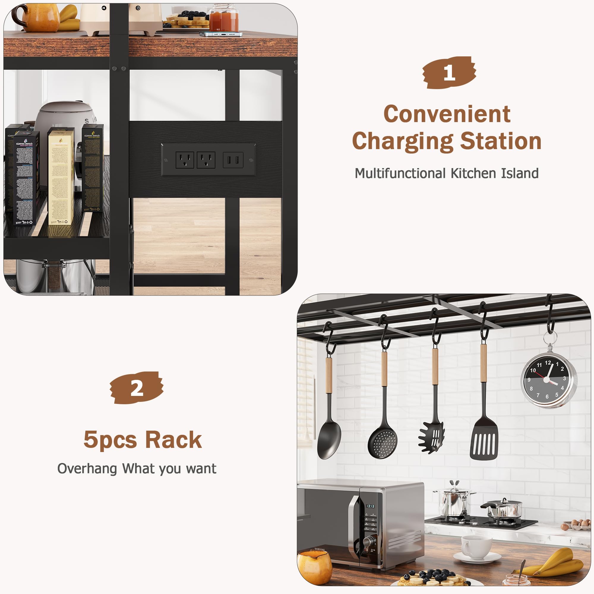 47'' Large Kitchen Island with Power Outlet, Island Table for Kitchen - Versatile, Durable, Space-Savin