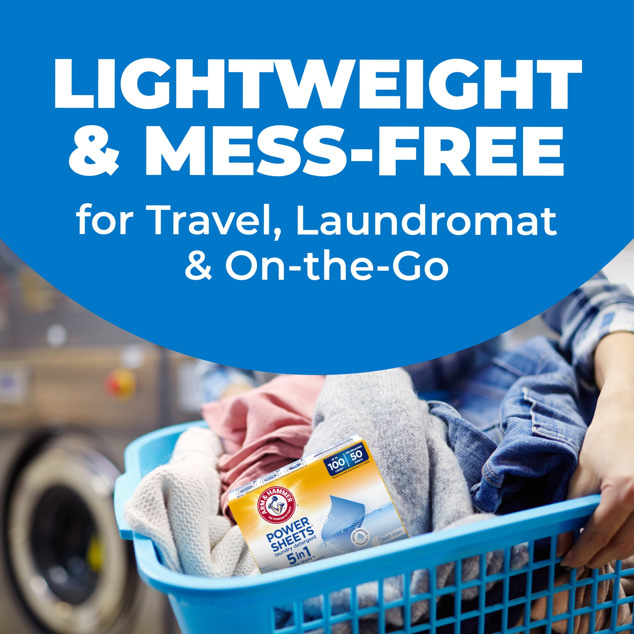 ARM & HAMMER Power Sheets Laundry Detergent Sheets, Fresh Linen, 50 Count, up to 100 Loads