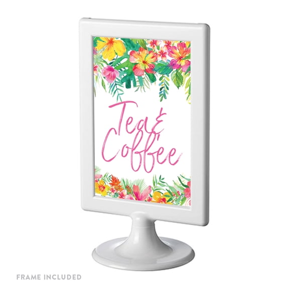 Tropical Floral Garden Party Party Signs, Tea & Coffee, 4x6-inch, Includes Frame
